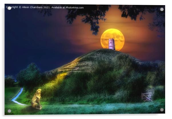 Moon Gazing Hare At Glastonbury Tor Acrylic by Alison Chambers