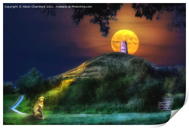 Moon Gazing Hare At Glastonbury Tor Print by Alison Chambers