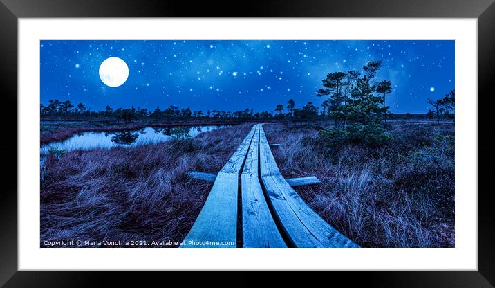 Wooden trail over night swamp Framed Mounted Print by Maria Vonotna