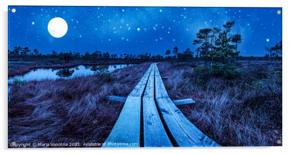 Wooden trail over night swamp Acrylic by Maria Vonotna