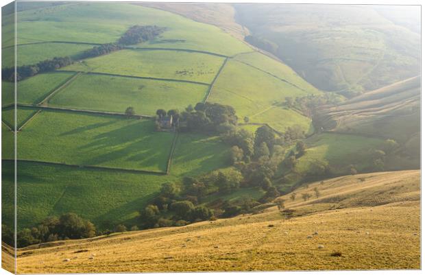 Soft morning sunlight on the hills near Hayfield, Derbyshire Canvas Print by Andrew Kearton