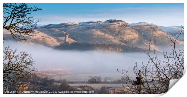 Wallace Monument and snow capped Ochil Hills  Print by Anthony McGeever