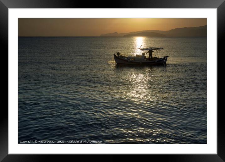 Fishing Boat in Dawn Light, Agios Nikolaos, Crete Framed Mounted Print by Kasia Design