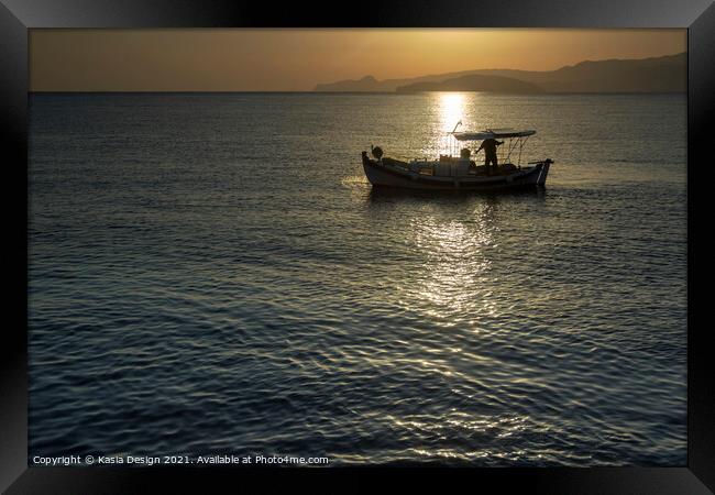 Fishing Boat in Dawn Light, Agios Nikolaos, Crete Framed Print by Kasia Design