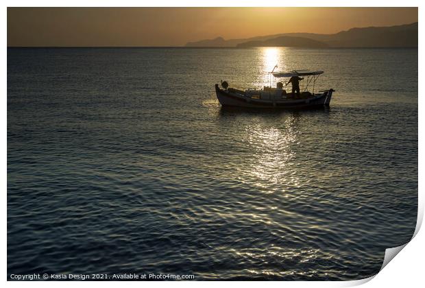 Fishing Boat in Dawn Light, Agios Nikolaos, Crete Print by Kasia Design