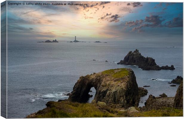 longships lighthouse, Sunset set Lands End Cornwal Canvas Print by kathy white