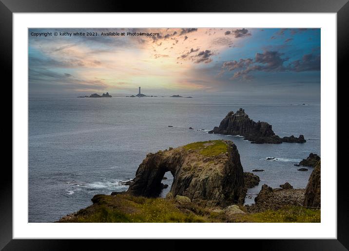 longships lighthouse, Sunset set Lands End Cornwal Framed Mounted Print by kathy white