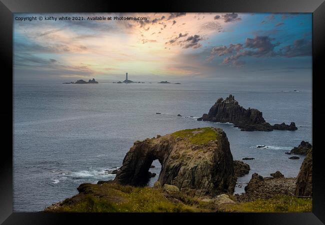 longships lighthouse, Sunset set Lands End Cornwal Framed Print by kathy white