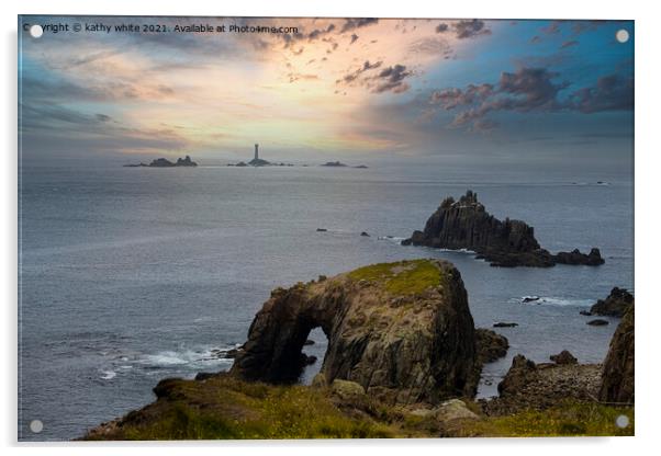 longships lighthouse, Sunset set Lands End Cornwal Acrylic by kathy white