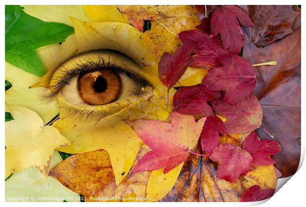 Eye and leaves Autumn surreal  collage Print by Delphimages Art