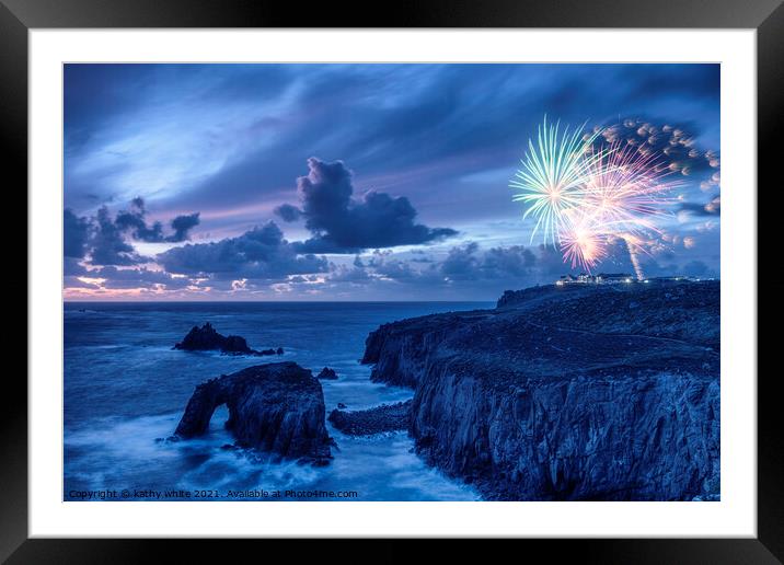 Sunset set at Lands End Cornwall with fireworks  Framed Mounted Print by kathy white
