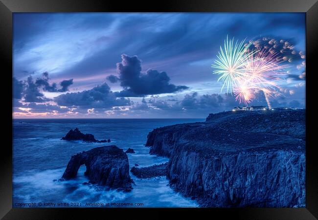 Sunset set at Lands End Cornwall with fireworks  Framed Print by kathy white