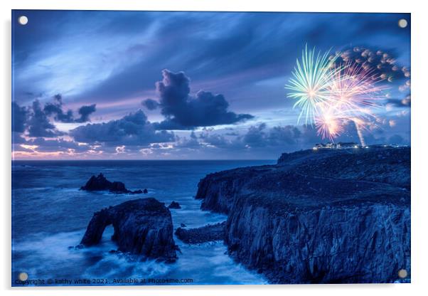 Sunset set at Lands End Cornwall with fireworks  Acrylic by kathy white