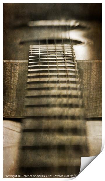 Grungy acoustic guitar strings and fretboard Print by Heather Sheldrick