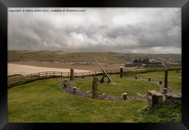 Perranporth Beach with Sundial, Cornwall Framed Print by kathy white