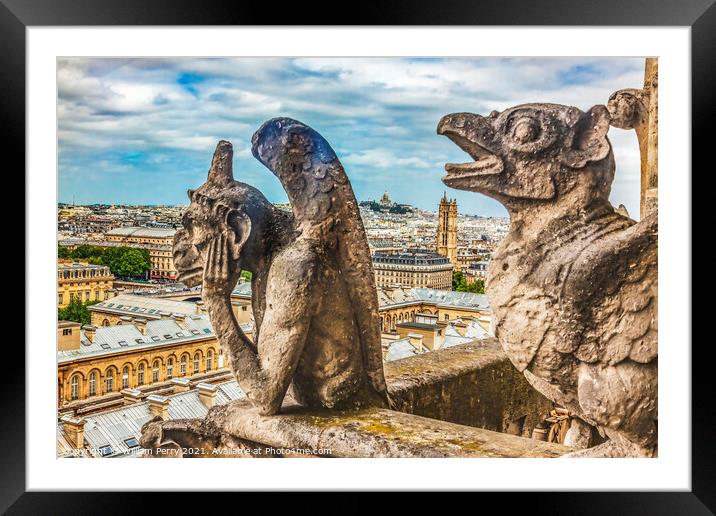 Gargoyles Notre Dame Church Old Buildings Paris France Framed Mounted Print by William Perry