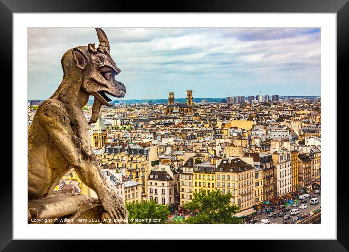 Gargoyle Notre Dame Church Old Buildings Paris France Framed Mounted Print by William Perry