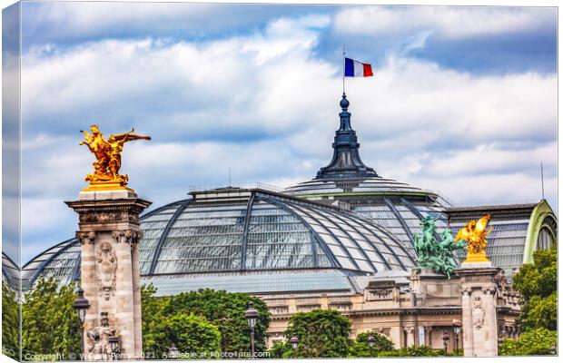Grand Palais de Champs Elysees Statue Flag Paris France Canvas Print by William Perry