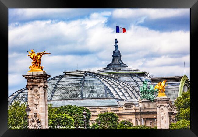 Grand Palais de Champs Elysees Statue Flag Paris France Framed Print by William Perry