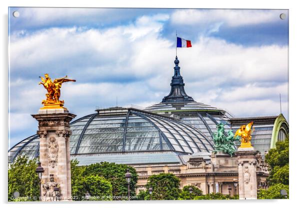 Grand Palais de Champs Elysees Statue Flag Paris France Acrylic by William Perry