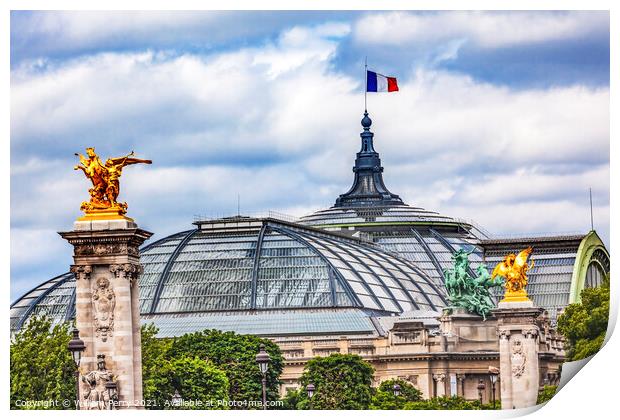 Grand Palais de Champs Elysees Statue Flag Paris France Print by William Perry