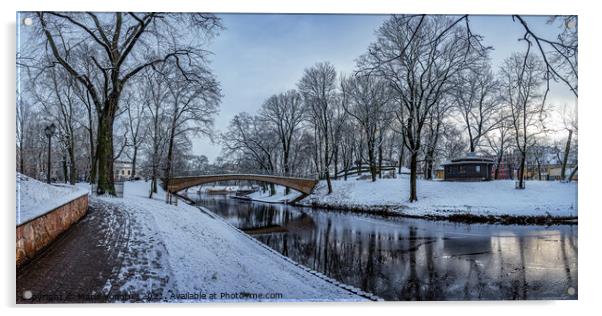 Winter park with stone bridge and canal Acrylic by Maria Vonotna