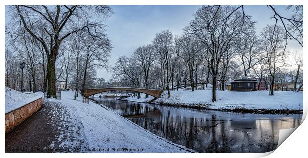 Winter park with stone bridge and canal Print by Maria Vonotna