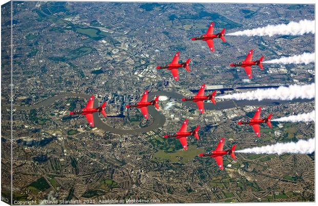 Red Arrows over Canary Wharf Canvas Print by David Stanforth
