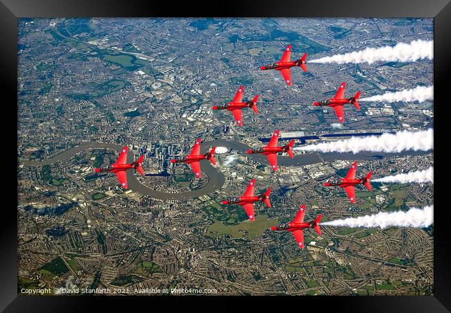 Red Arrows over Canary Wharf Framed Print by David Stanforth