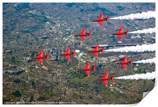 Red Arrows over Canary Wharf Print by David Stanforth