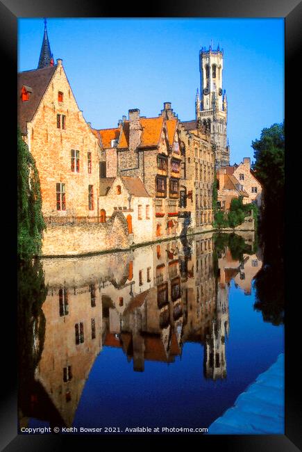 Reflection of Bruges Belfry  Framed Print by Keith Bowser