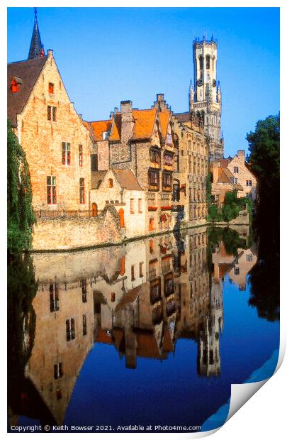 Reflection of Bruges Belfry  Print by Keith Bowser
