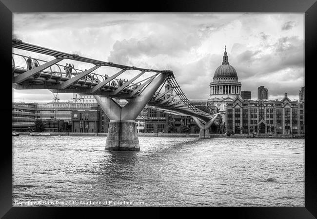 Millennium Bridge in black and white Framed Print by Chris Day