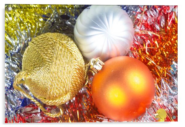 Christmas balls on tinsel Acrylic by aurélie le moigne