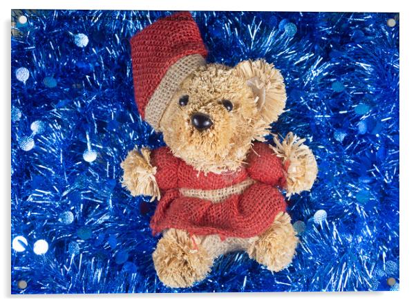 Teddy bear on blue tinsel Acrylic by aurélie le moigne