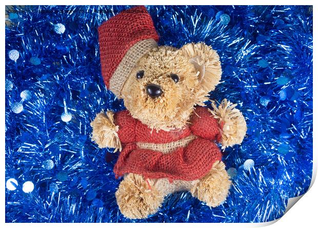 Teddy bear on blue tinsel Print by aurélie le moigne
