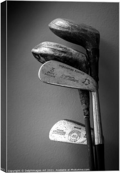 Vintage golf clubs black and white Canvas Print by Delphimages Art