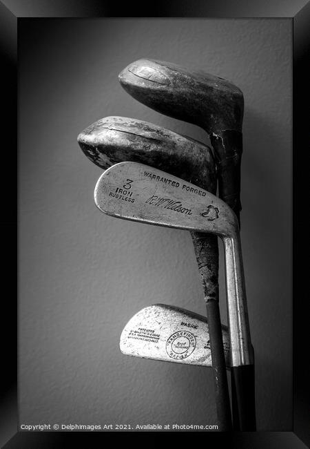 Vintage golf clubs black and white Framed Print by Delphimages Art