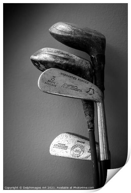 Vintage golf clubs black and white Print by Delphimages Art
