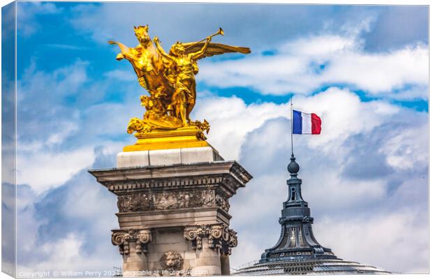 Golden Winged Horse Statue Bridge Flag Grand Palais Paris France Canvas Print by William Perry