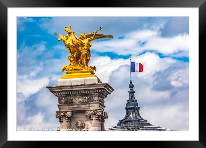Golden Winged Horse Statue Bridge Flag Grand Palais Paris France Framed Mounted Print by William Perry