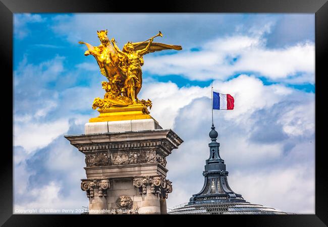 Golden Winged Horse Statue Bridge Flag Grand Palais Paris France Framed Print by William Perry