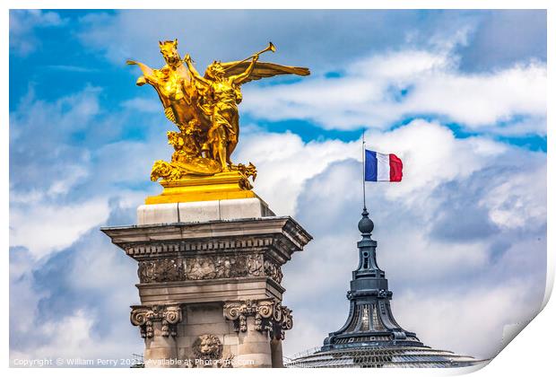 Golden Winged Horse Statue Bridge Flag Grand Palais Paris France Print by William Perry