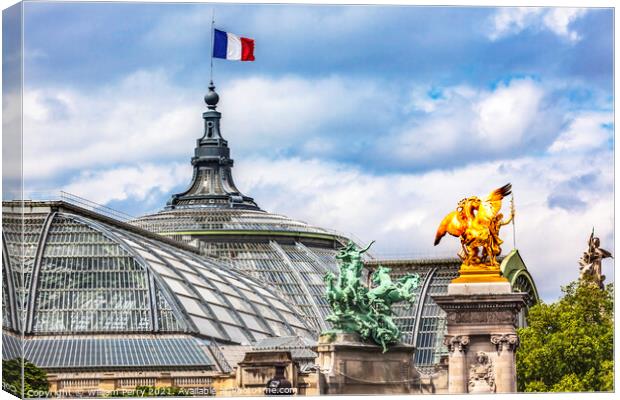 Grand Palais de Champs Elysees Statues Flag Paris France Canvas Print by William Perry