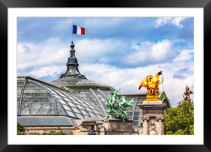 Grand Palais de Champs Elysees Statues Flag Paris France Framed Mounted Print by William Perry
