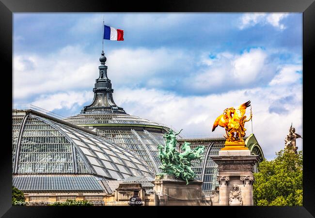 Grand Palais de Champs Elysees Statues Flag Paris France Framed Print by William Perry