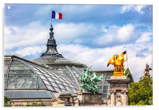 Grand Palais de Champs Elysees Statues Flag Paris France Acrylic by William Perry