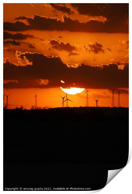 wind farm sunset Print by anurag gupta