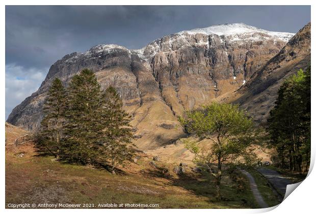 Snow capped scottish highlands Print by Anthony McGeever