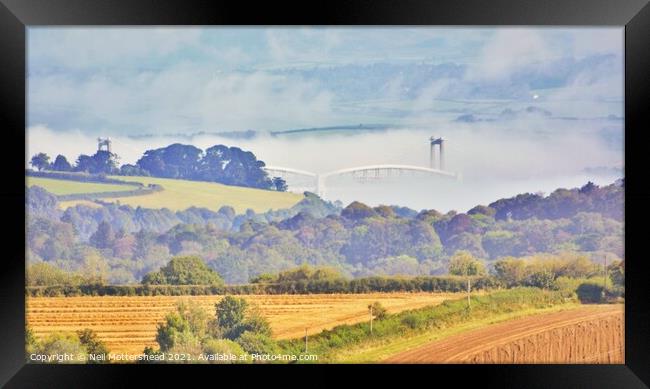 Misty Tamar Bridges. Framed Print by Neil Mottershead
